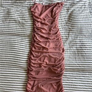 Oh Polly Pink Ruched Bodycon Midi Dress